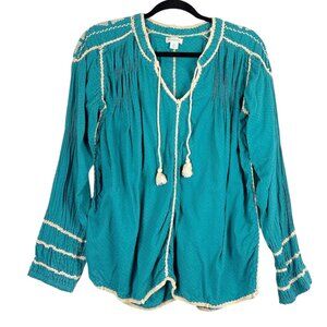 Sundance Boho Peasant Top XS Teal Crochet Lace Tassel Tie Long Sleeve Festival